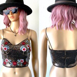 Embroidered Sequin Crop Top Cocktail Party Top Shiny Gold Crop Top Festival Glam